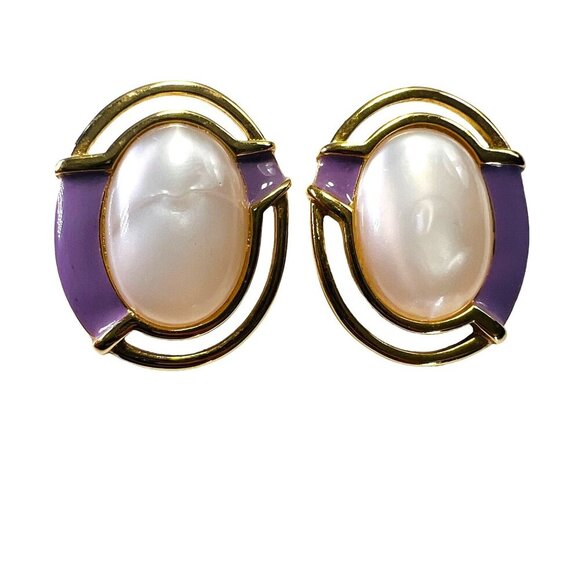 Vintage Monet Pierced Earrings with Faux Pearl & Purple Enamel - Picture 1 of 3